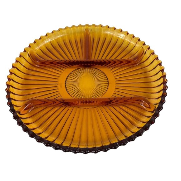 Indiana Glass Amber Ribbed 4 Part Divided Relish Dish Serving Tray Lazy Susan - Picture 3 of 10